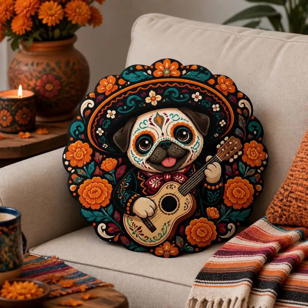 Day of the Dead Pug Pillow Mariachi Dog Cushion Sugar Skull Guitar Mexican Marigold Plush Stuffed Throw Pillow Decor Gift