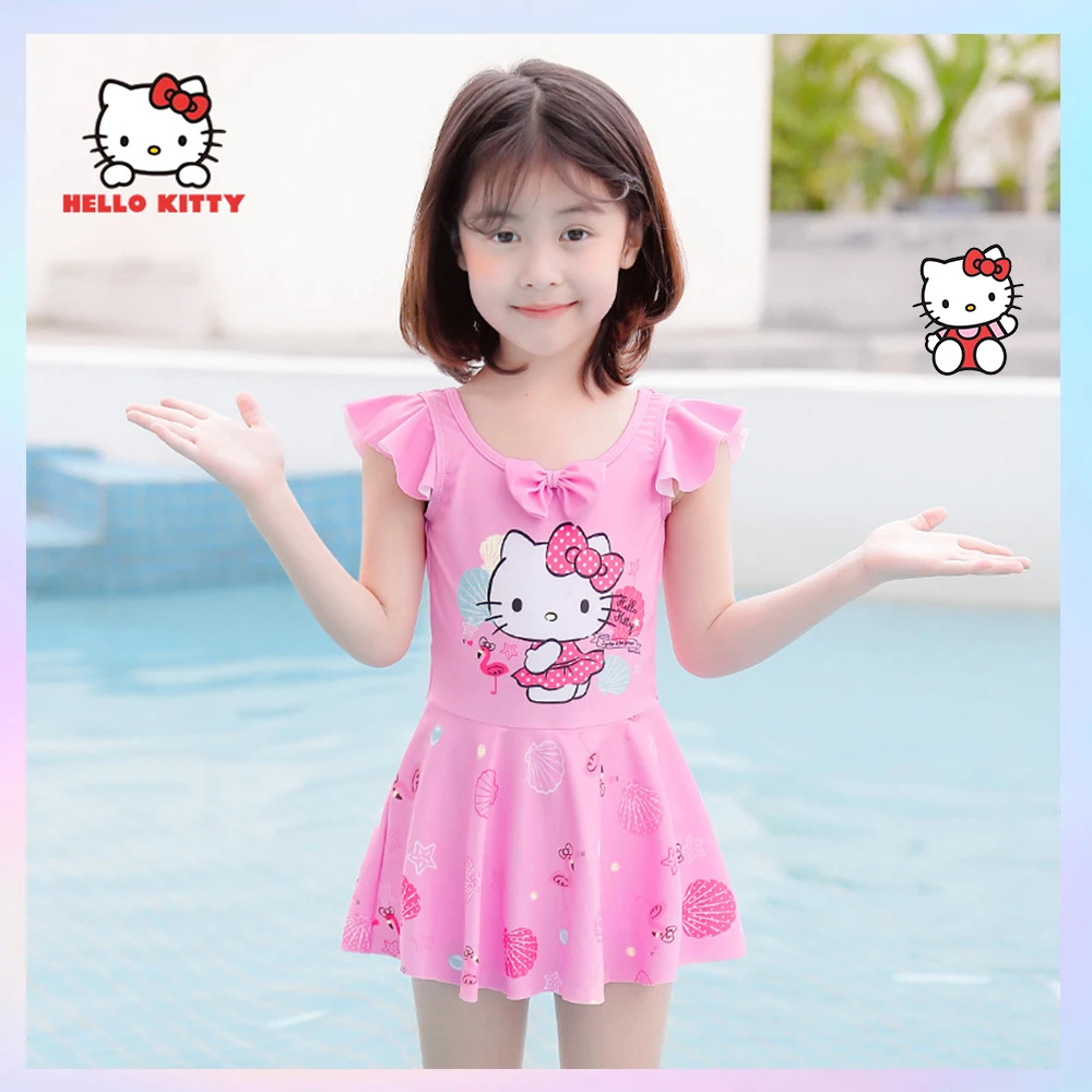 Girl Swimsuit Hello Kitty Anime Sanrios Kawaii Cute Swimwear Dress Kids Summer Holiday Beach Wear Quick Drying Swimsuit Outdoors