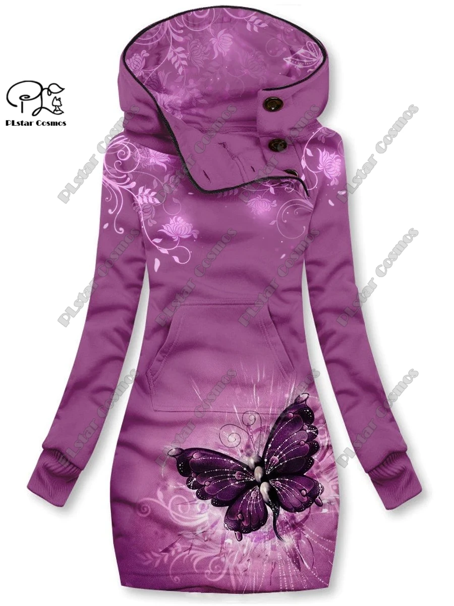 

3D printing Christmas snowflake animal butterfly dragonfly pattern special collar women's long sweatshirt dress to keep warm