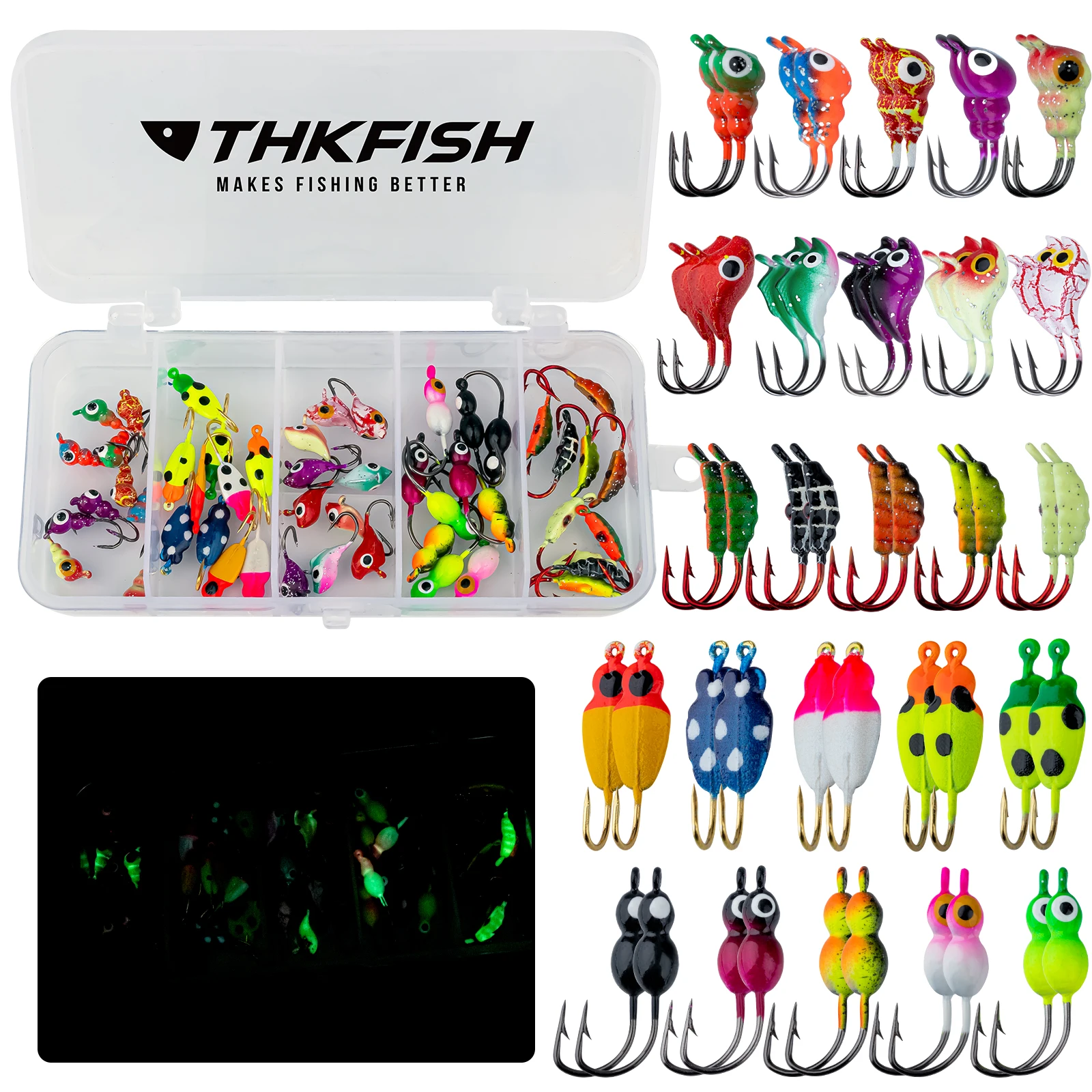 

50pcs Ice Fishing Lures Kit Glow Winter Ice Fihsing Jigs Heads Artificial Hard Bait Set With Fishing Hook Fishing Accessories