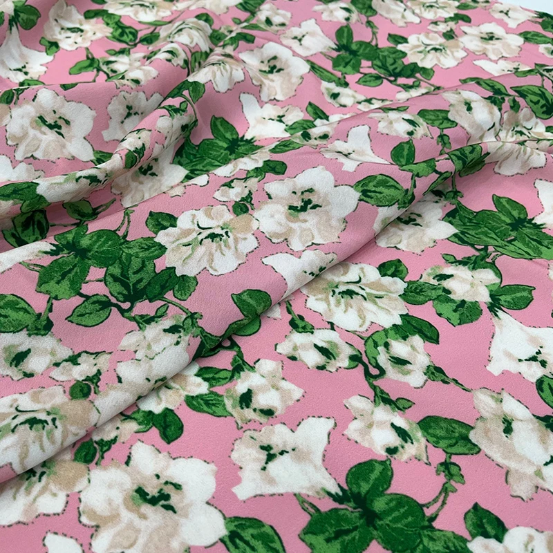 23 European and American runway chemical fiber high density crepe print fabric Women's skirt foundation white flower DIY haute