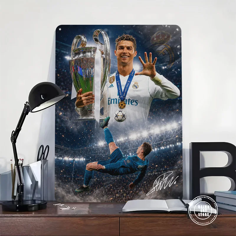 Cristiano Ronaldo With Champions League Trophy Poster Retro 3D Printed Metal Signs Customized Wall Hanging Gift for Room Decor