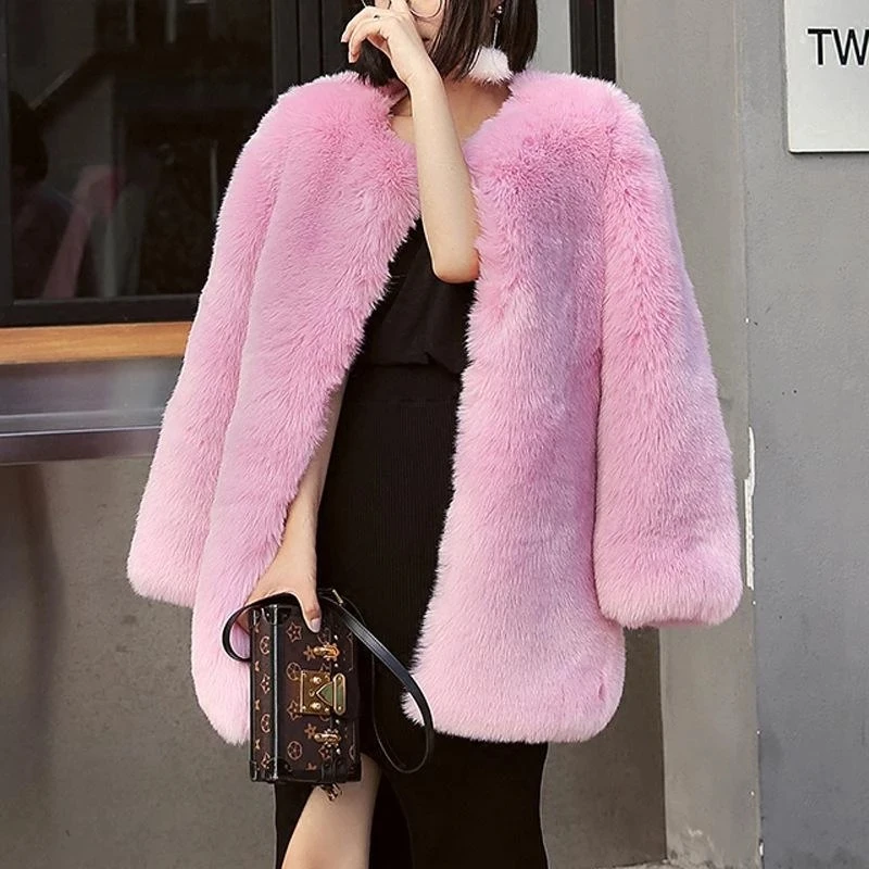 Fur Coat Women Pink Green Black 6 Color S-4XL Plus Size Faux Rabbit Fur Jacket Autumn Winter Fashion Loose Warmth Clothing