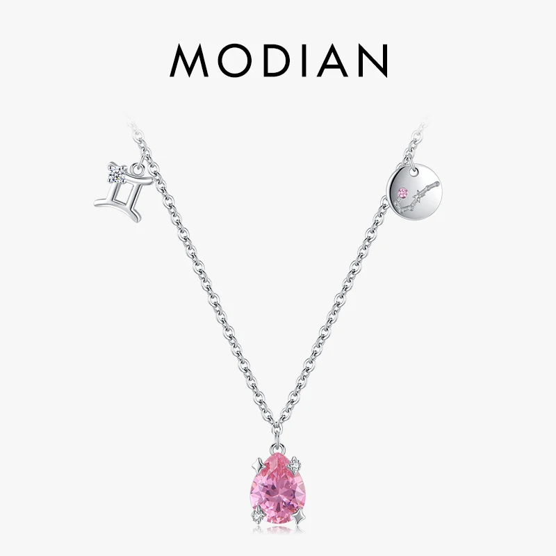 

Modian Real 925 Sterling Silver Stars Constellation Gemini Chain Necklace Trendy Drop Pink Zirconia Pendant For Women Jewelry