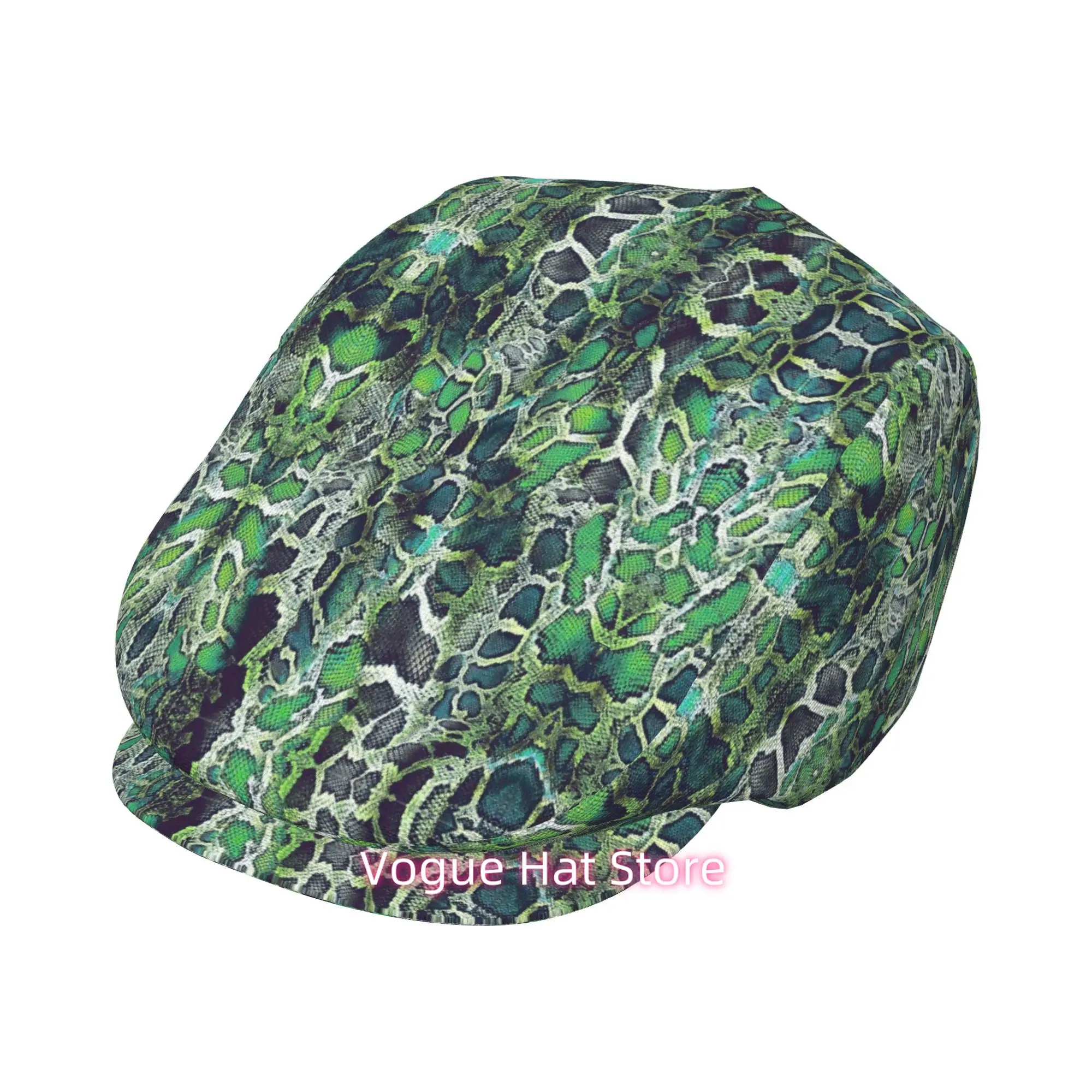 1pc Green Snake Scale Print Beret Cap - Full-Body Snake Scale Texture, Adjustable Unisex Retro Newsboy Hat, Lightweight for all-