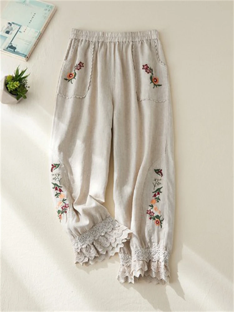 Women's Cotton Linen Pants Female Elastic Waist Floral Embroidery Traditional Folk Lace Patchwork Ankle Length Casual Trousers