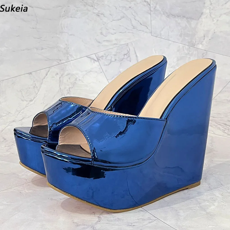 

Sukeia Women Platform Mules Sandals Slip On Wedges High Heel Round Toe Pretty Metallic Blue Party Shoes Ladies US Plus Size 5-20