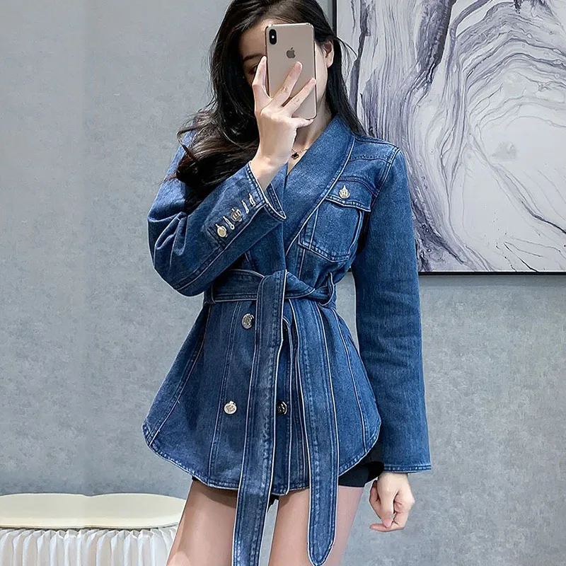 New Fashion High Grade Womens Denim Jacket Spring Autumn Casual Basic Coat Female Korean Loose Motorcycle Jackets Belt Blue Tide