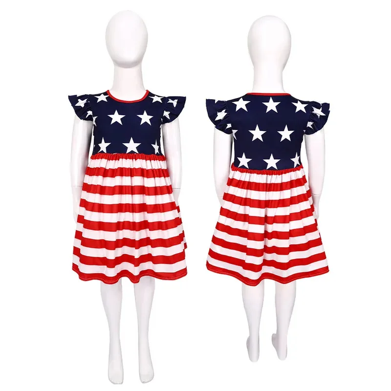 Summer Independence Day Kids Girls Flying Sleeve Stars Stripe Print A-line Dress Festival Clothes om[8