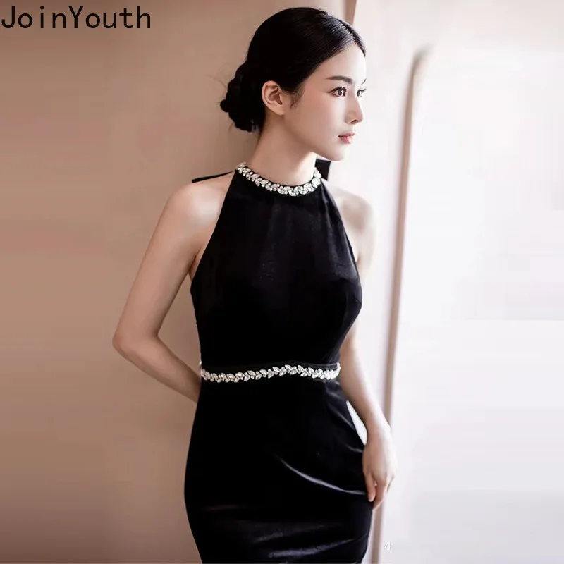 Temperament Black Robe Femme Party Dresses for Women 2024 Vestidos De Mujer Bow Sexy Backless Tunic Diamond Summer Maxi Dress