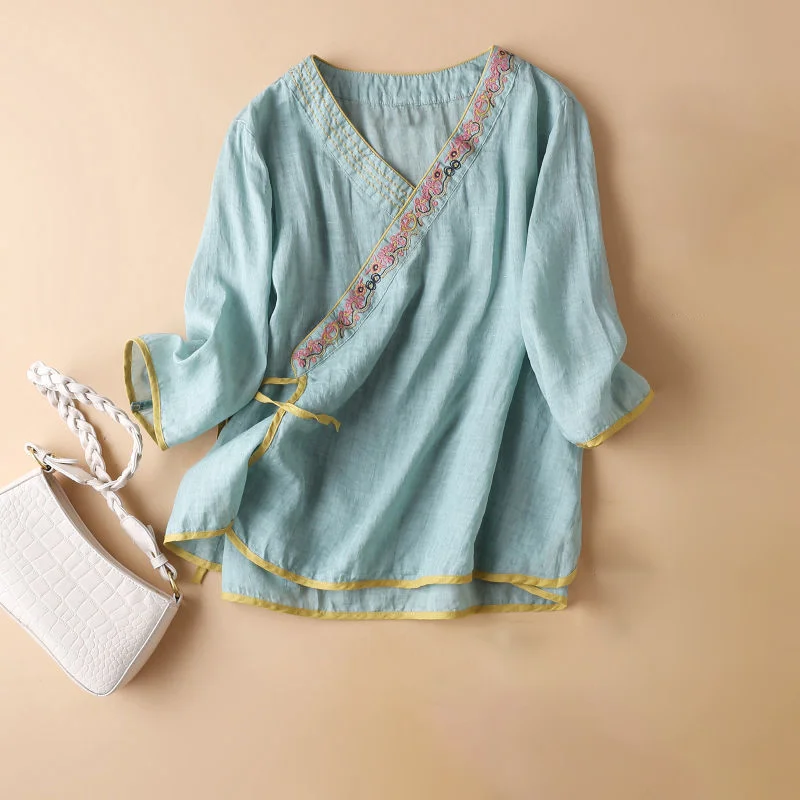 2022 New Modern Chinese Tops Women  Loose Ethnic Style V-Neck Cotton Linen Embroidery Female Tang Suit Coat Hanfu shirt woman