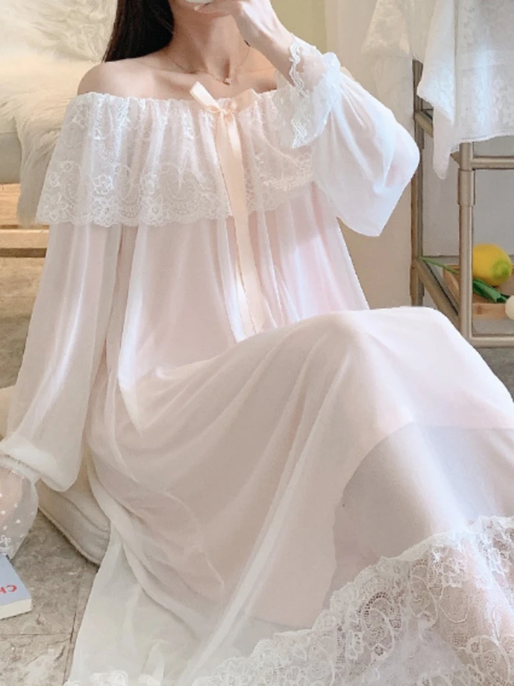 Victorian Vintage Nightgowns Women Princess Sleepwear Spring Autumn Sweet Mesh Sexy Lace Long Sleeve Peignoir Fairy Night Dress