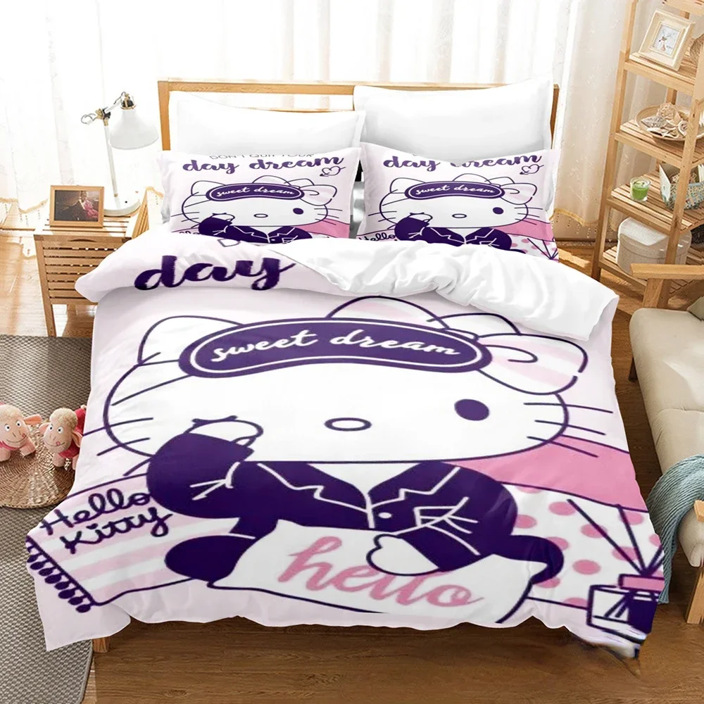 Conjunto de cama Anime Sanrio Cartoon para crianças, Kawaii Hello Kitty Quilt Cover, capa de edredão, fronha, gêmeo, rainha, cama king size