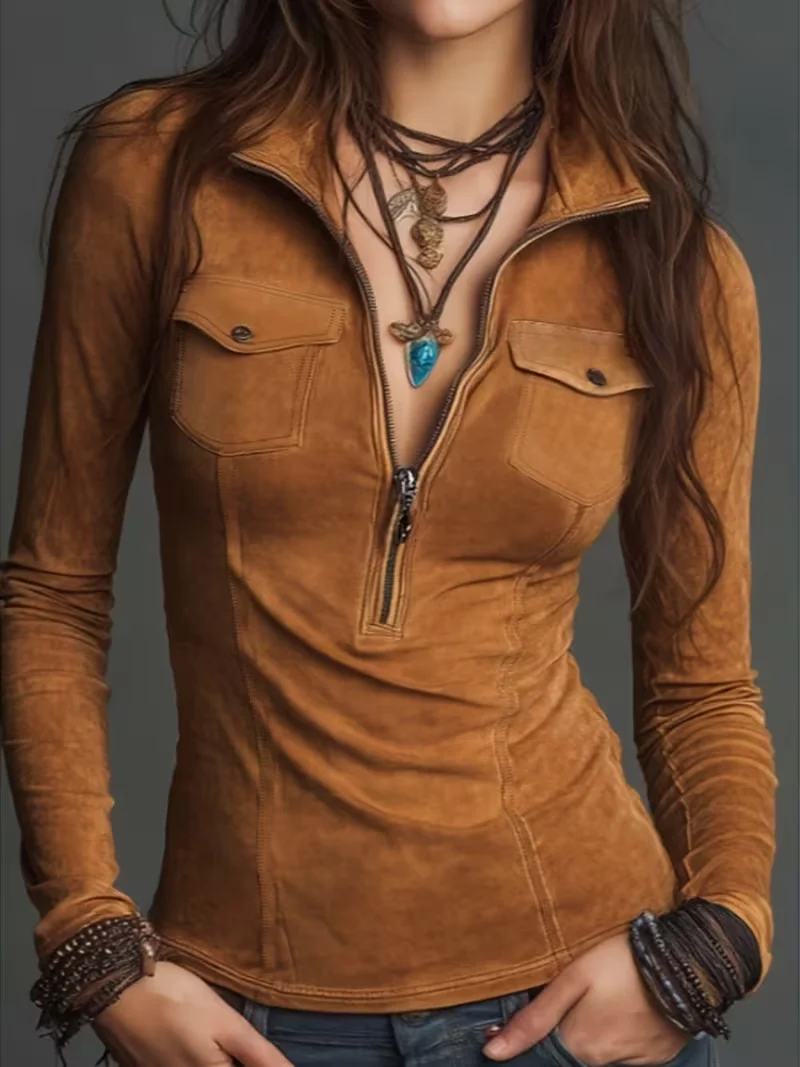 Women's Slim Fit Lapel Shirt, Multi-Color Zipper Closure, Cargo Pockets, Waist Cinching, Fashion Sexy Top for Dating and Commute view 3