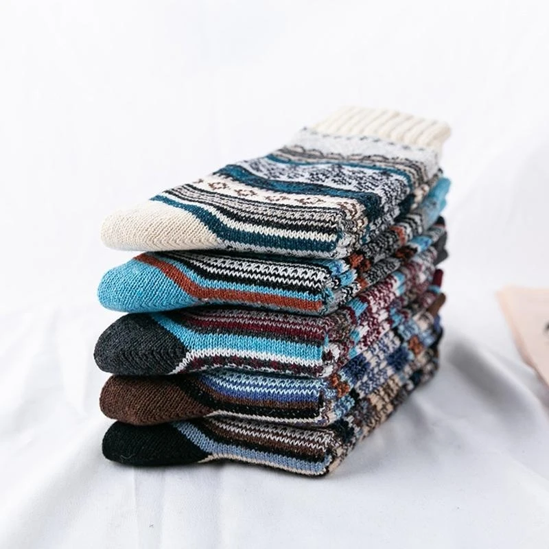 400A 5 Pairs Men Ethnic Vintage Colorful Stripes Print Socks Winter Cozy Soft Warm Thick Knitted Faux Wool Casual Tube