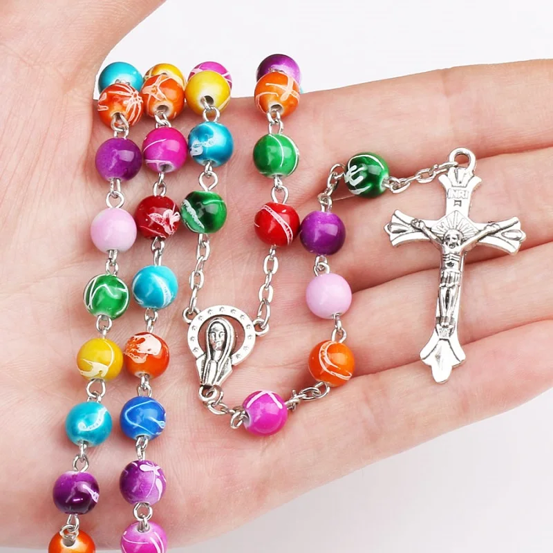 8MM Acrylic Prayer Bead Necklace For Women Crucifix Cross INRI Pendant Long Chain Girls Religion Christian Rosary Jewelry