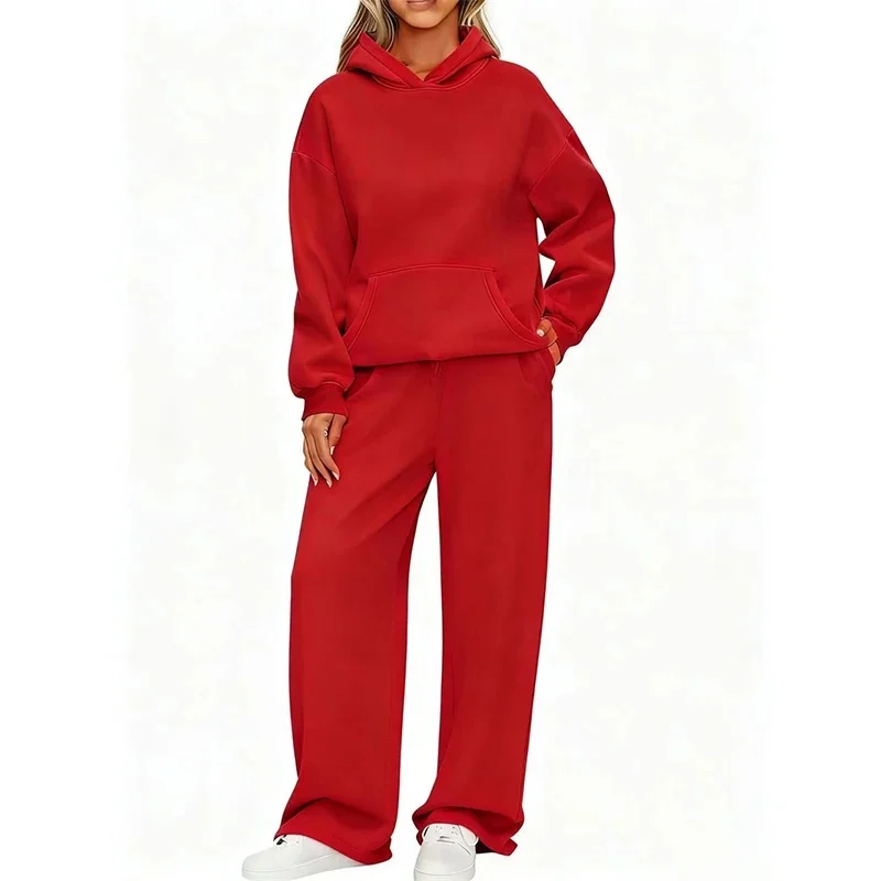 Herbst-Winter Damen Hoodie-Anzug + Weite Hose Zweiteiliges Set Frei Kombinierbar Langarm-Trainingsanzug mit Känguru-Tasche Damenanzug – Detail 20