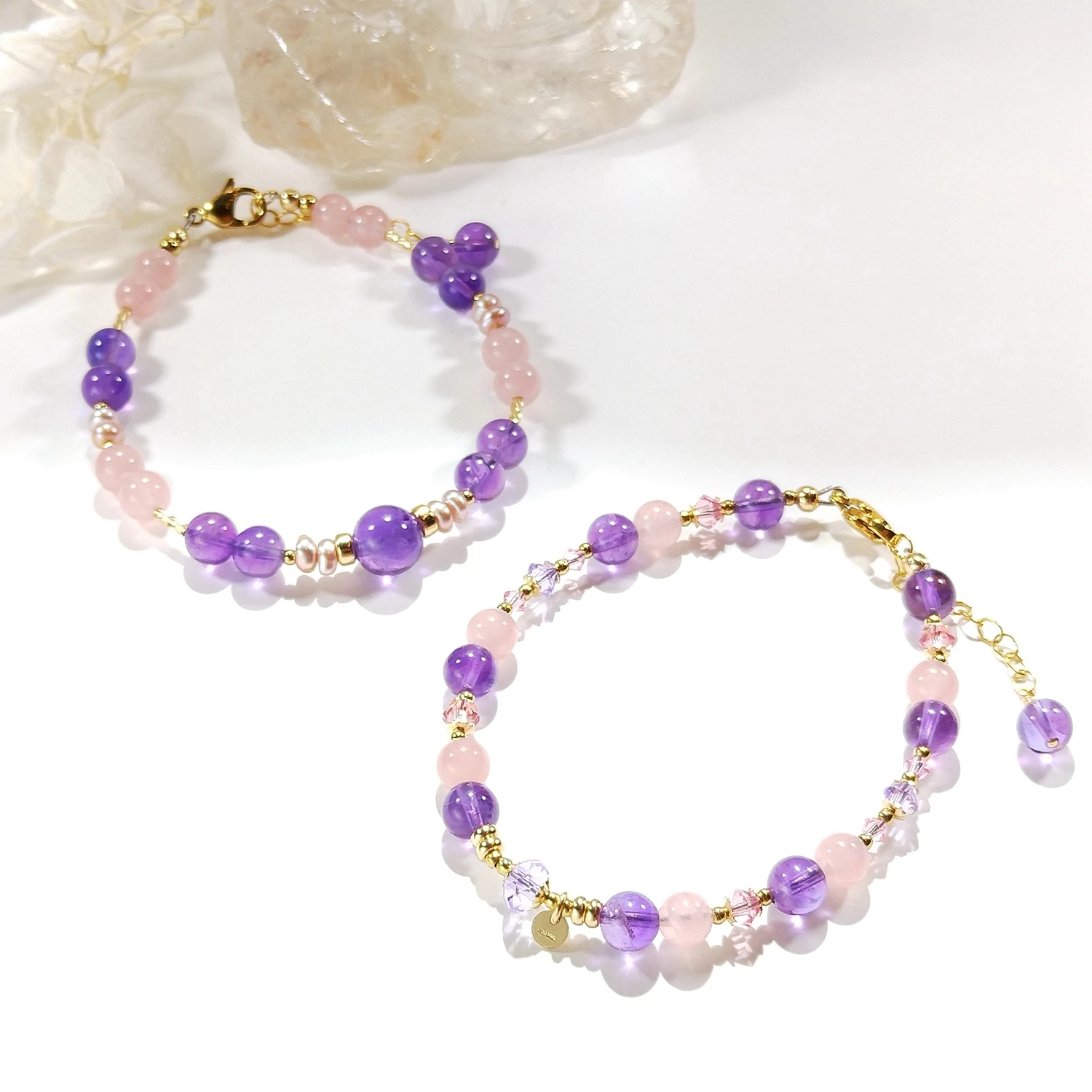 Lii Ji Rose Quartz Amethyst 6mm American 14K Gold Filled Bracelet Handmade Fashion Jewelry