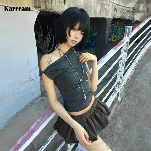 Karrram-Camiseta japonesa Y2k con hombros descubiertos, Top sin mangas con diamantes de imitación estilo Trashy 2000s, Top corto Vintage Harajuku, Retro americano