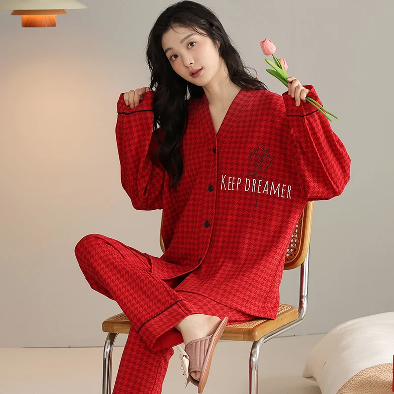 Red Swallow Gird Pajamas Set Women Long Sleeves Long Pants Autumn Winter Sweet Pyjamas Girl Pijamas Soft Cute Sleepwear Cozy Pjs