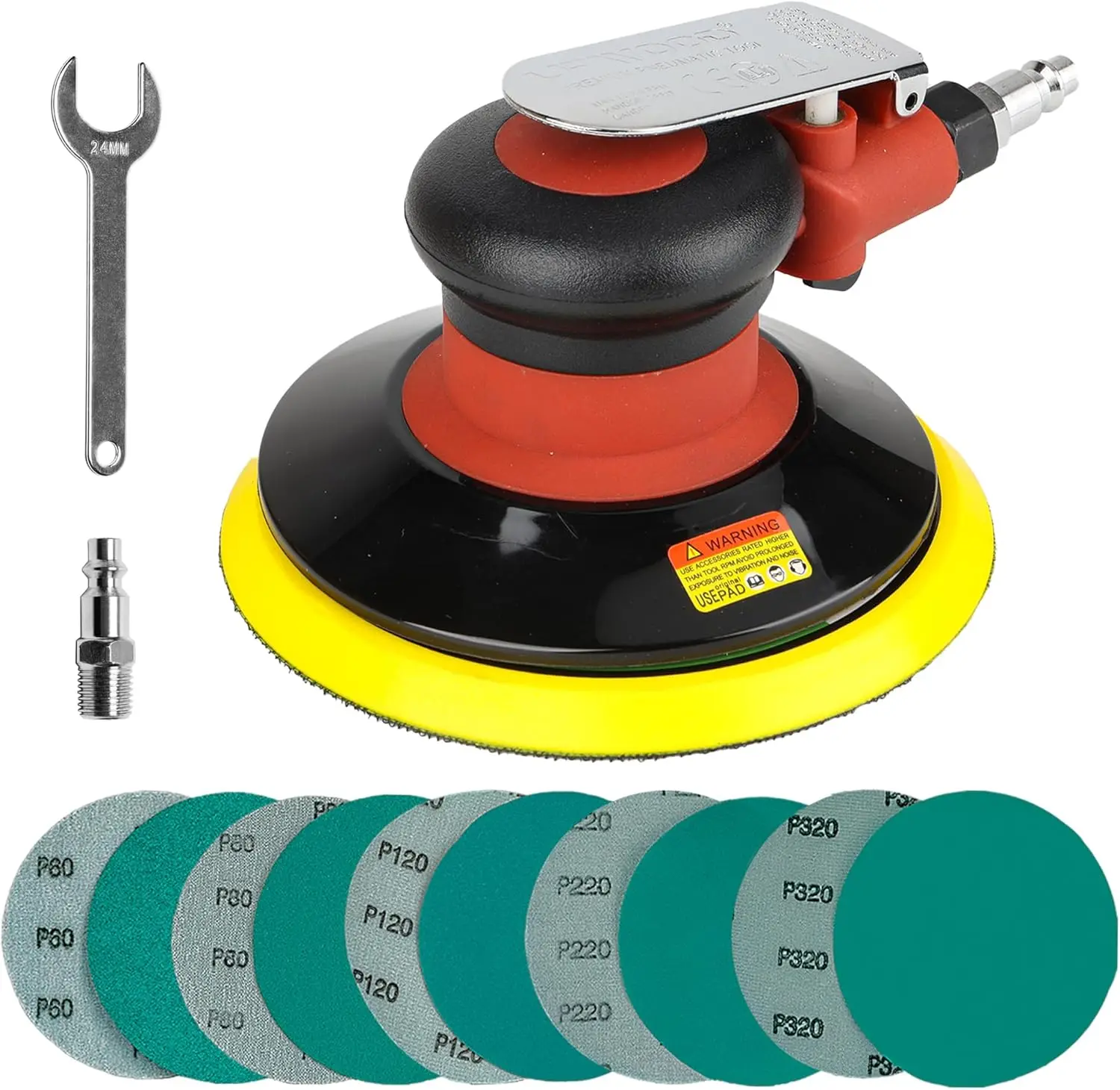 

6" Air Random Orbital Sander, 12000 RPM, 3/16" Orbit, Dual Action Pneumatic Palm Sander for Auto Body Woodworking Metal, with 10 Sandpapers & Extra Pad