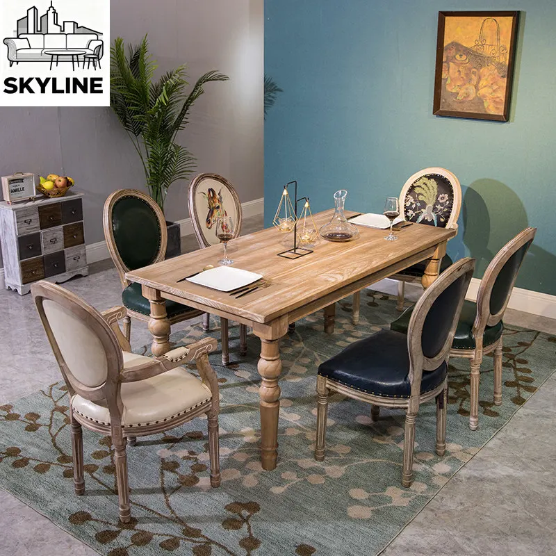 Simple Rectangular Brushed Pine Solid Wood Dining Table Set