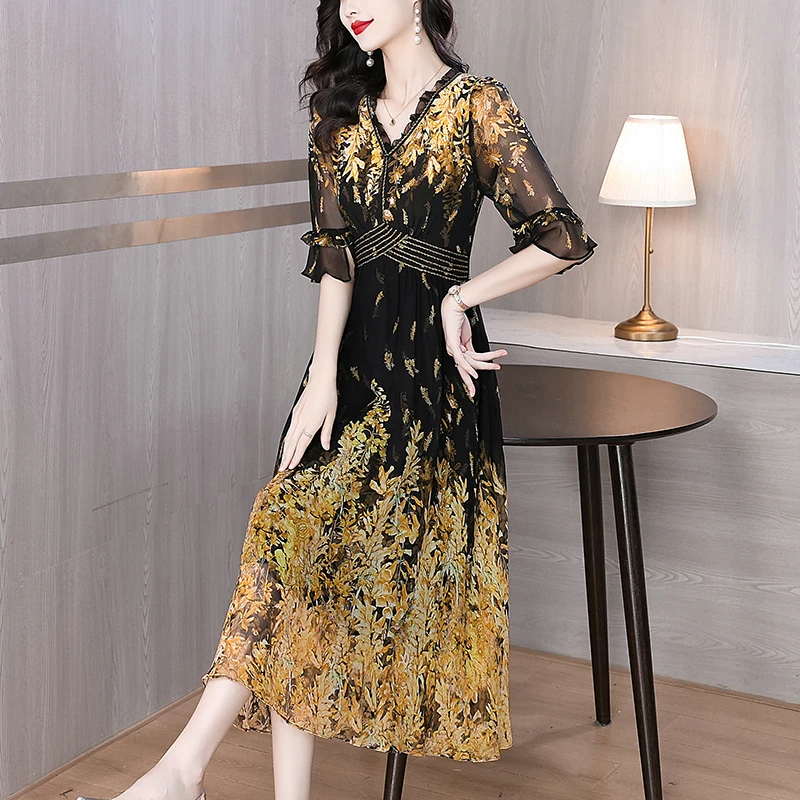 Summer Fashion Casual Print Beach Silk Sexy Sundress Women Boho Floral Chiffon Maxi Dress 2025 Korea Elegant Bodycon Party Dress