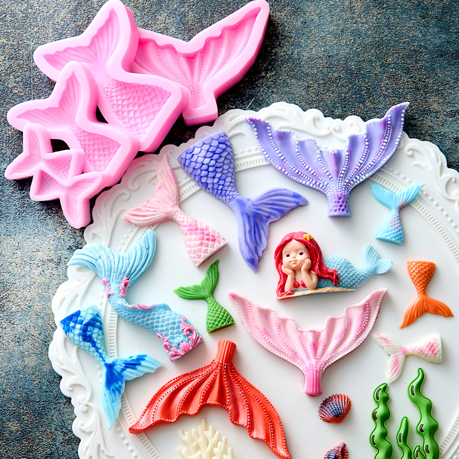 

Marine Silicone Molds Mermaid Fishtail Starfish Coral Dolphin Seaweed Fondant Chocolate Mould Plaster Resin Mold Cake Decoration
