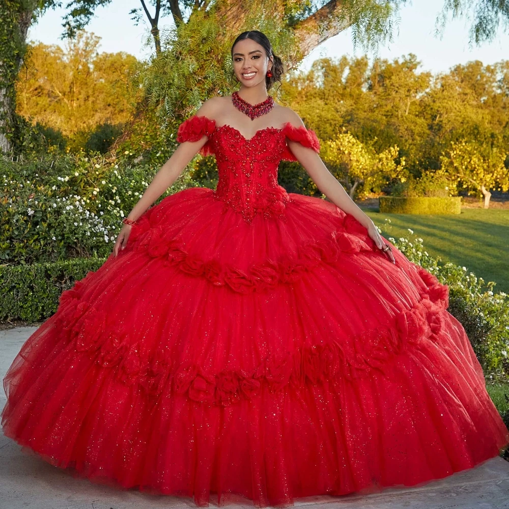 EVLAST Princess Red Ball Gown Quinceanera Dress Flora Appliques Crystal Beaded Glitter Tulle Tiered Vestidos De XV aecos TQD104