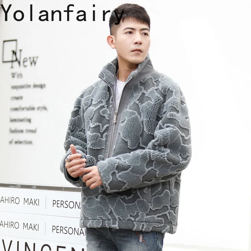 YOLANFAIRY Winter Sheep Shearing Jacket Men Winter Loose Fashion 30% Lamb Wool Coat Man Clothing Stand Collar casaco masculino