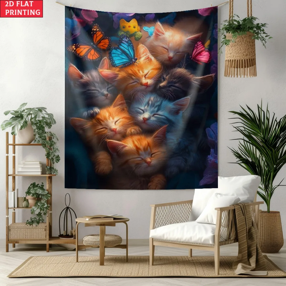 Cute Sleeping Kittens Tapestry, Colorful Butterflies Cat Wall Hanging, Aesthetic Nursery Room Decor Extra large size