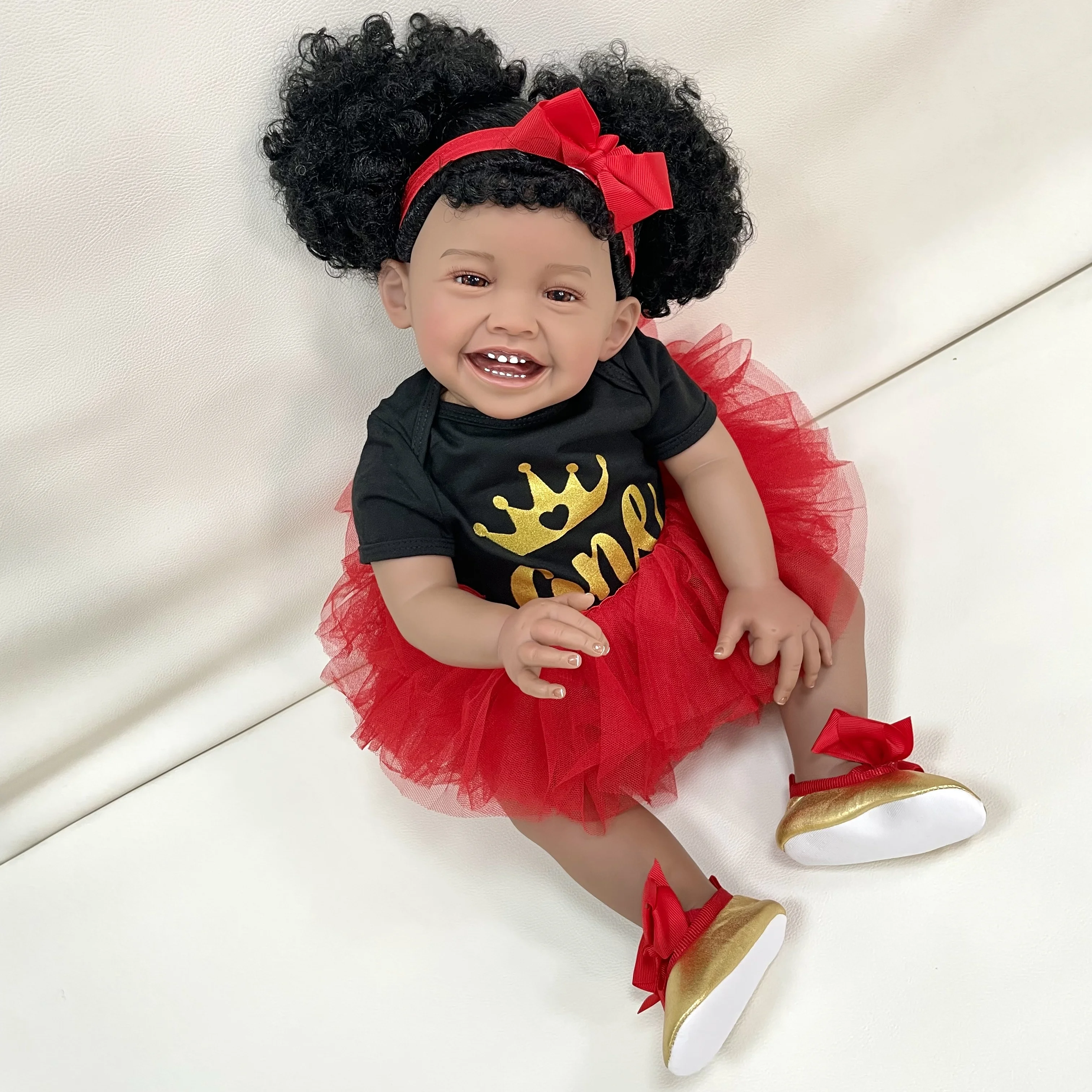 

Cokela 58CM High Quality Reborn Toddler In Dark Skin African American Baby Girl Doll Rooted Long Curly hair Handmade doll
