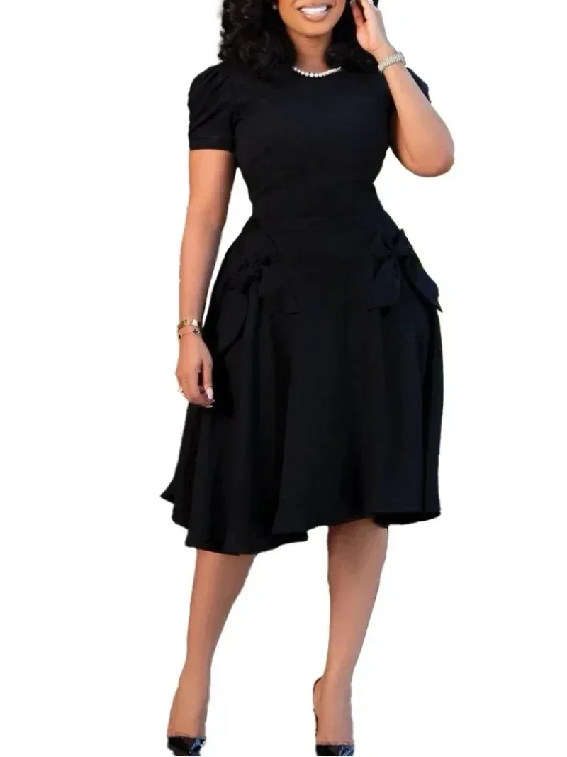 Women Dress O Neck A Line Short Sleeves Pleated Elegant Office Ladies Summer Fashion with Bow African Female Lady Modest Classy