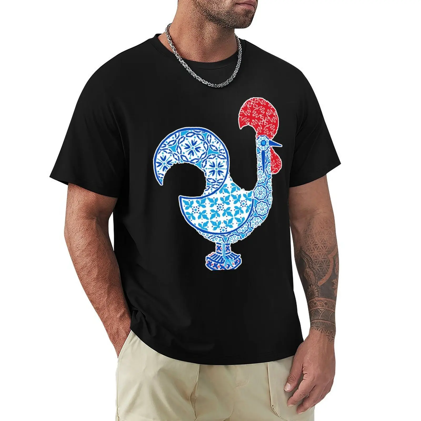 Portuguese Rooster with Portuguese Tile Design T-Shirt No Iron Casual Short Sleeve Top