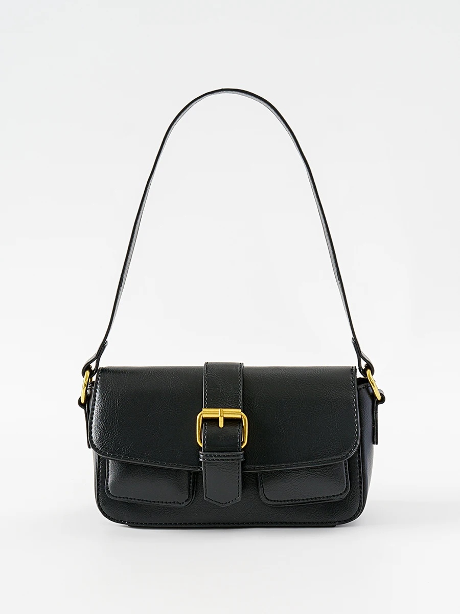 New Black One-shoulder Underarm Bag Female Chic Belt Buckle Double Front Pocket Bag For Women Vintage Fashion Handbag