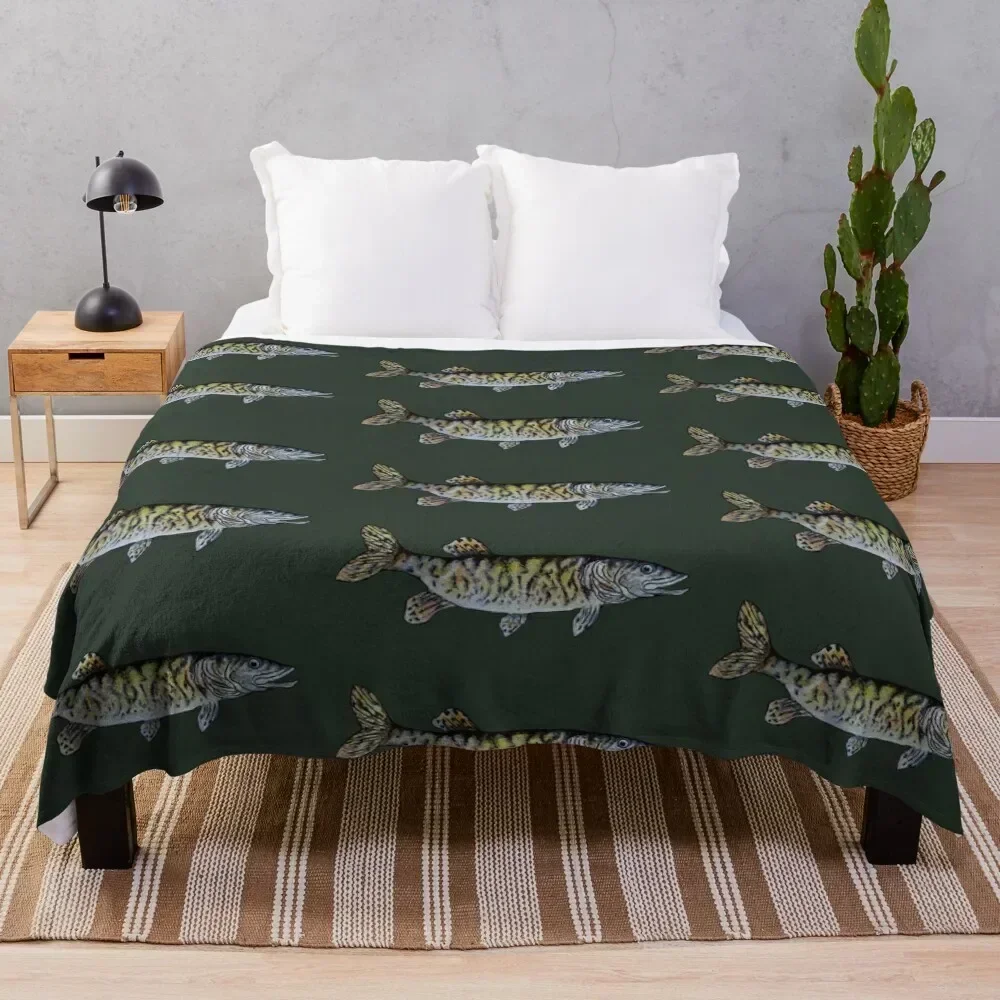 

Musky Fish Drawing Dark Green Throw Blanket Warm Throw Blanket Gift for Anniversary
