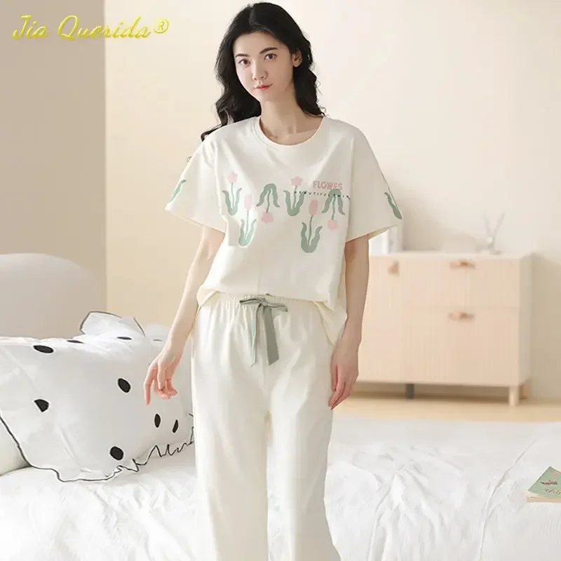 SUKAE Summer 100% Cotton Elegant Womens Pajamas Set Casual Capris Sleepwear for female Knee-length Homewear for Woman Nightwear