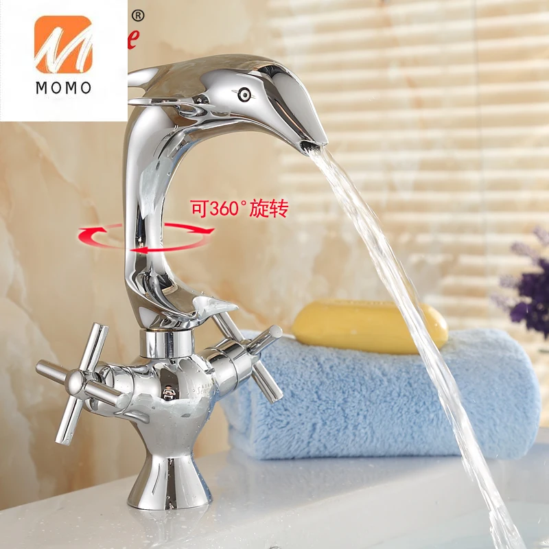 Dolphin all copper basin double handle hot and cold faucet bathroom basin washbasin rotatable cartoon creative faucet