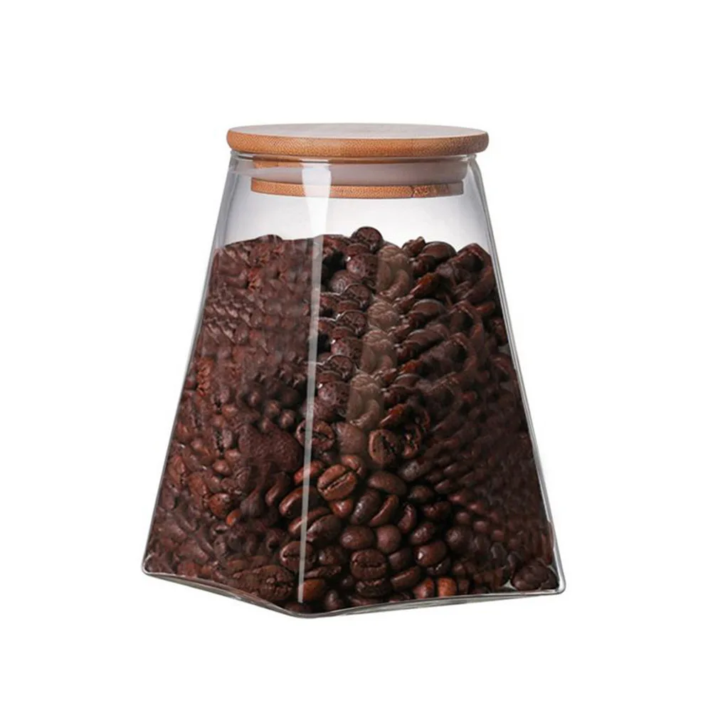 

350Ml Glass Storage Tank Sealed Square Storage Can Wooden Lid Clear Glass Container For Tea Nuts Seasoning Multifunctional
