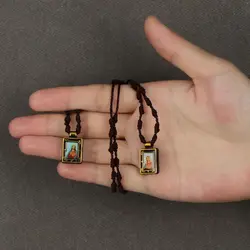 Immaculate Heart Virgin Mary Square Medal Catholic Sacred Heart Jesus Braided Cord Chain Scapular Necklace Devotional Gift