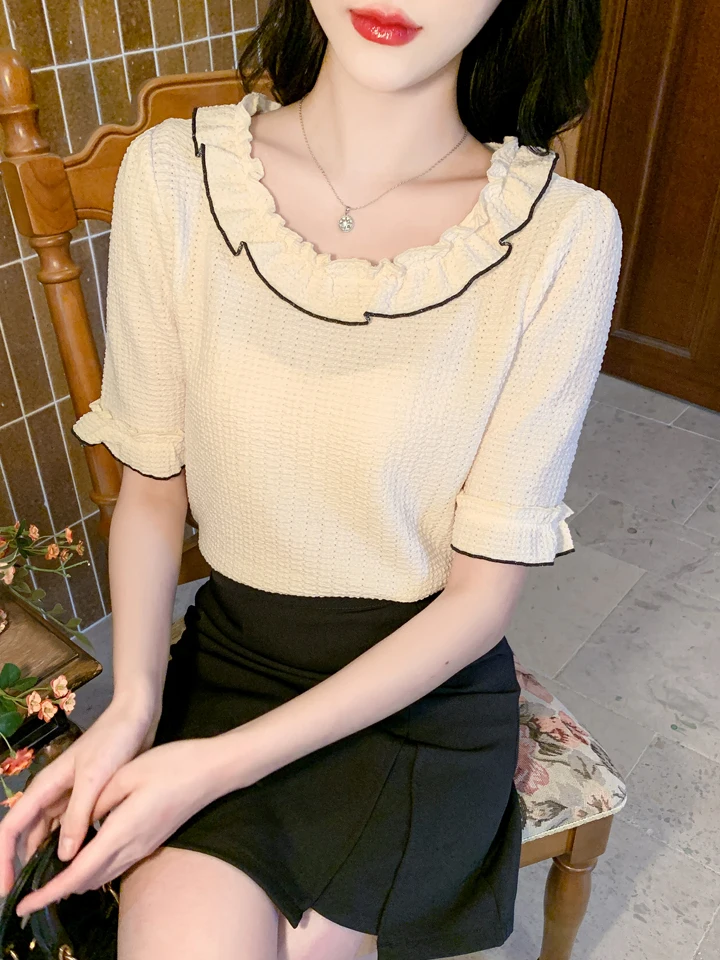 

Apricot milk sweet round neck ruffled short sleeved top with versatile base, summer new T-shirt for women