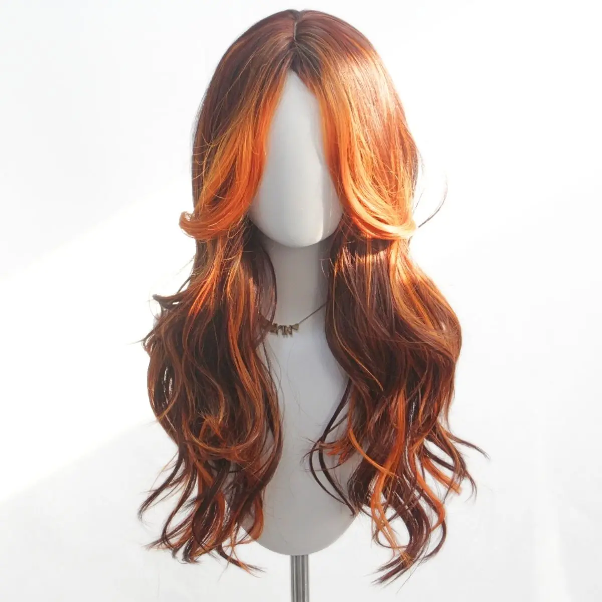 Anxin Flame Orange Spot Dyed Long Curly Synthetic Wig With Bangs For Women 's Daily Life