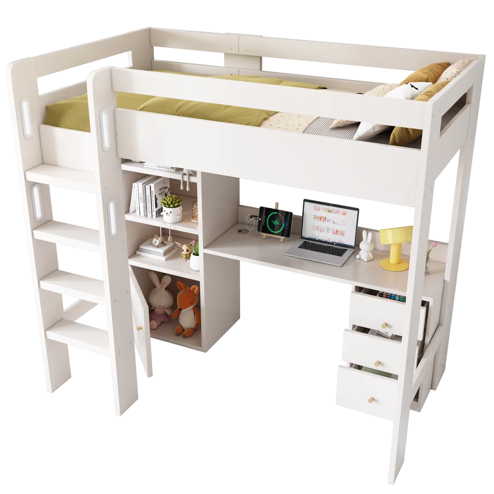 Kinderbett, Hochbett mit USB-C-Schreibtisch, Kleiderschrank, Aktenschrank, Jugend-Einzelbett mit Treppe und Gitter, ohne Matratzenraum – Detail 6
