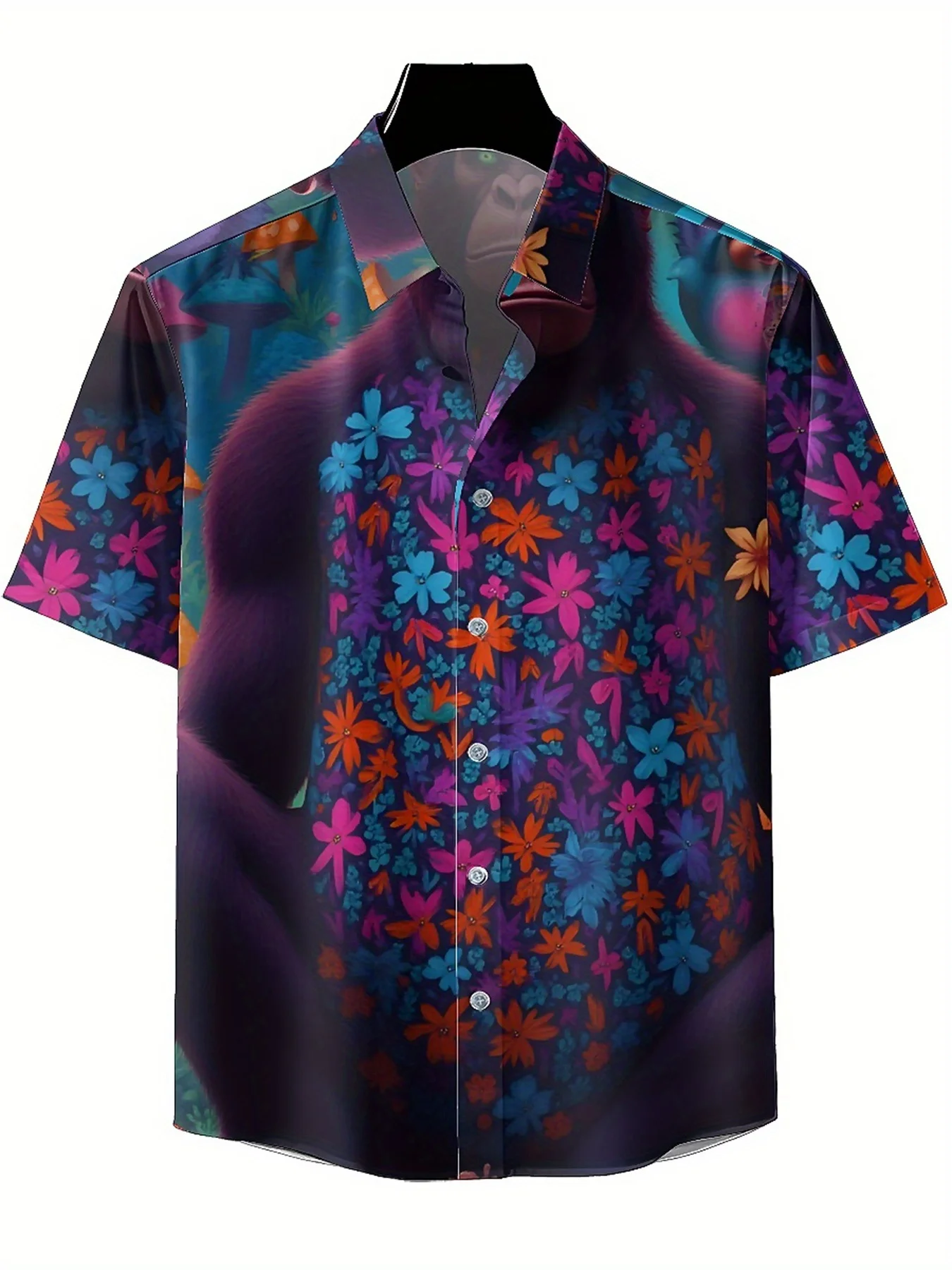 Men's Plus Size Hawaiian Shirts Purple Gorilla and Mushroom World Pattern,Unisex Baggy Aloha Shirts,Alternative Clothing