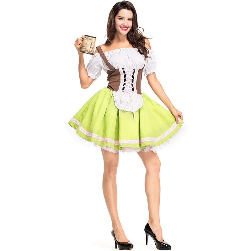 Womens Traditional German Bavarian Beer Girl Costume Sexy Oktoberfest Wench Maiden Dirndl Dress+Blouse