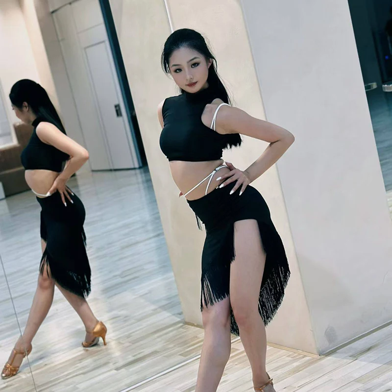 

Сексуальная одежда для латинских танцев, женские черные короткие топы, юбка с бахромой, одежда для занятий румбой, ча-ча-ча, самбой, костюмы для выступлений SS1691