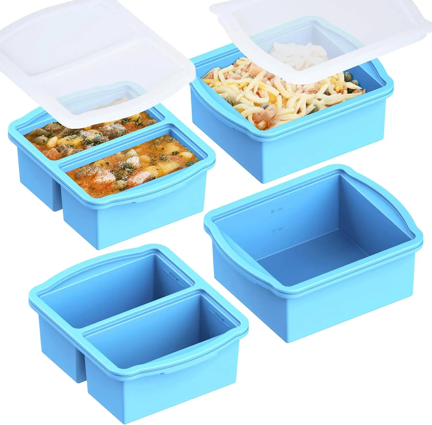 4-Piece Silicone Freezer Trays with Lids, 1-Cup and 2-Cup Molds for Soups, Sauces, Microwave Safe