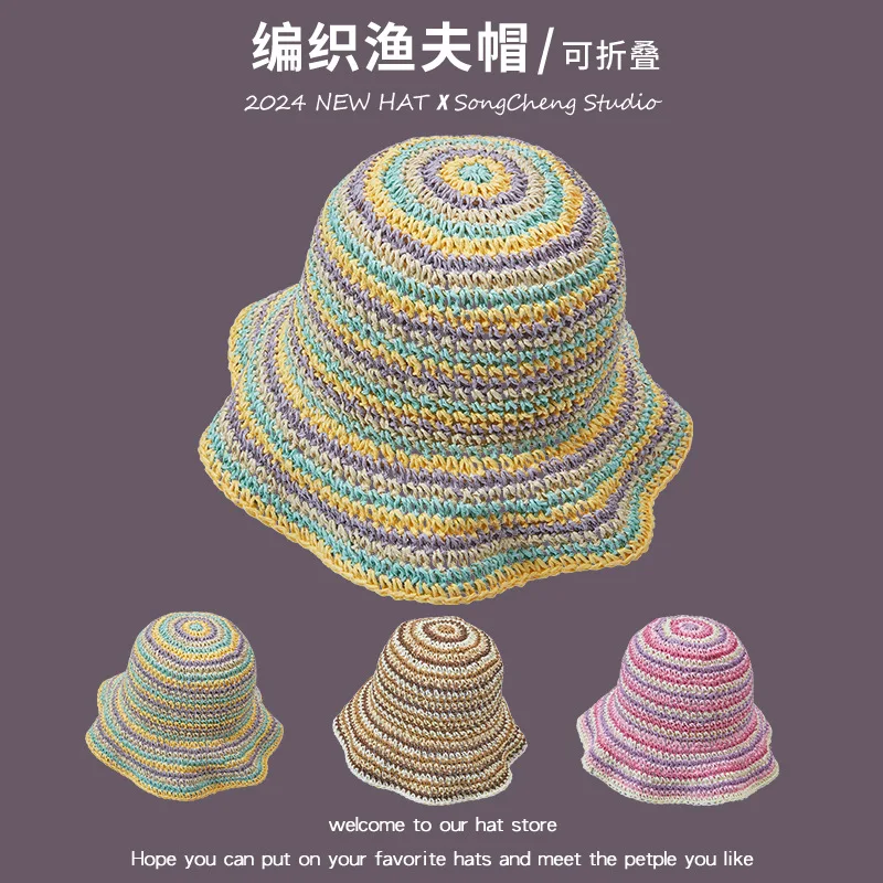 Straw Bucket Hat Women's Summer2024New Hollow-out Colorful Face-Looking Small by the Sea-Proof Bucket Hat