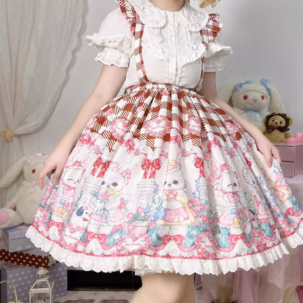 Lolita Rose Rabbit Print Dress Cute Half Skirt Short Skirt SK Strap Skirt Gothic Dress Tea Party Sweet Lolita Skirt With Shirt