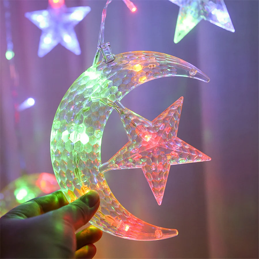 New Year LED Christmas Fairy String Lights Garland 8 Modes EU Plug Moon Star Curtain Lights for Home Party Wedding Bedroom Decor